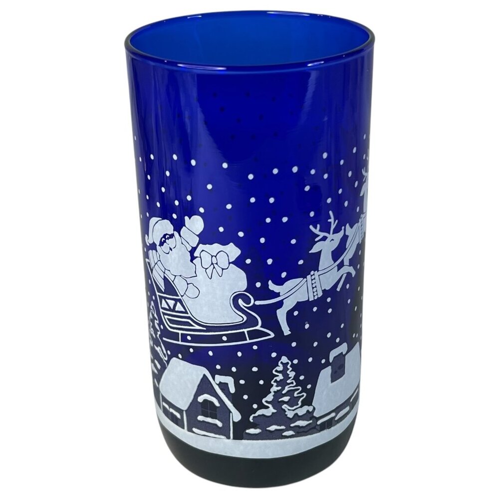 Vintage‎ Cobalt Blue Christmas Glass Santa Claus Sleigh & Reindeer 5 3/4” Tall